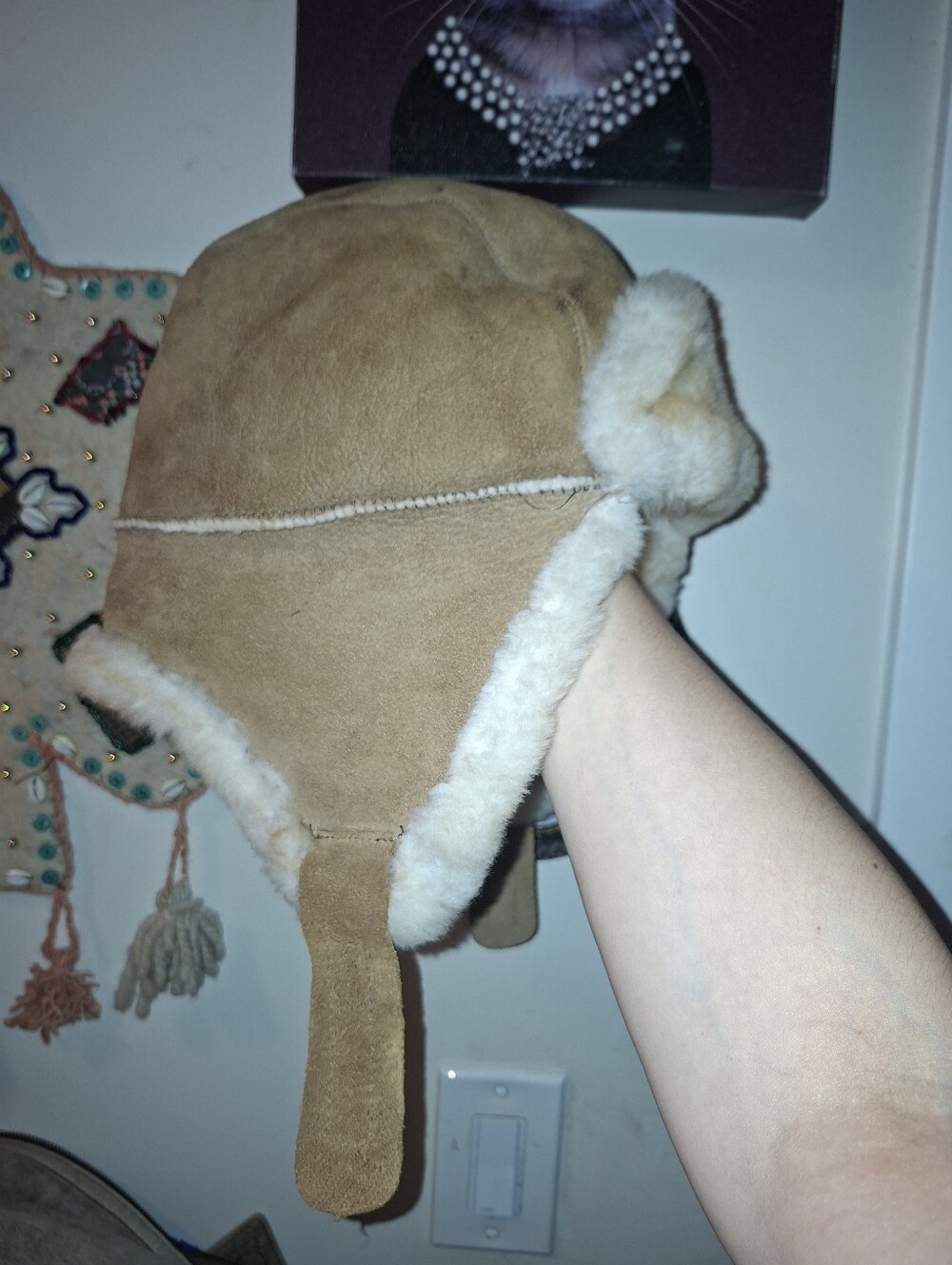 Shearling Trapper Hat Tan Suede and Cream Sheepskin